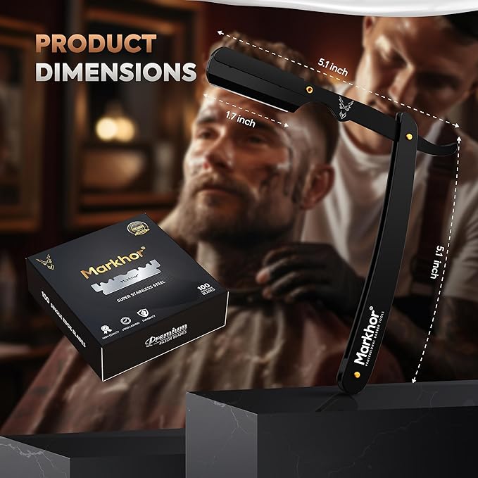 Markhor® Straight Razors for Men with 100 Single Edge Razor Blades | Matte Black Barber Straight Razor | Straight Edge Razor | Barber Razor Blade | Navajas Para Barbero