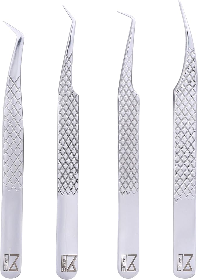 M LASH Eyelash Extension Tweezers (Set of 4) - Professional & Precision Lash Tweezers for Eyelash Extensions - Japanese Steel, Diamond Grip, Fiber Tip V3 (Silver)
