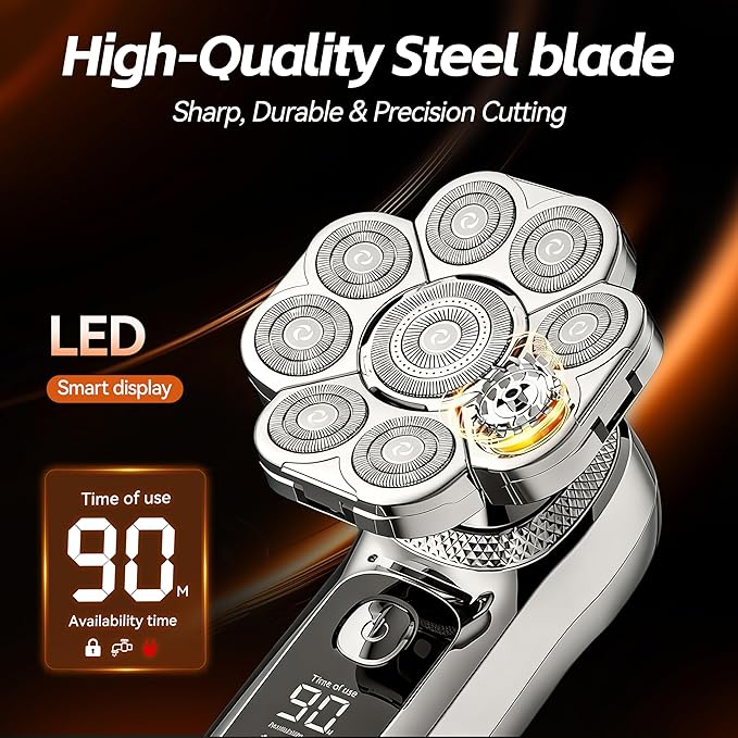6-in-1 Electric Head & Body Hair Shaver - Mens Cordless Rechargeable Wet/Dry Skull Bald Head Back & Groin Waterproof Razor with Rotary Blades, Clippers, Nose Trimmer, Brush, Massager