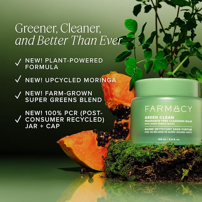 Farmacy Makeup Remover Cleansing Balm - Green Clean Waterproof Makeup Remover + Oil Based Cleanser - Newly Formulated Double Cleanser with Plant Based Waxes + Upcycled Moringa - Fragrance Free (100ml)