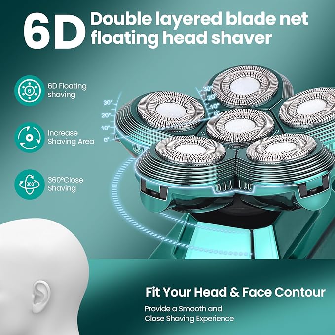 Head Shavers for Bald Men, IPX7 Waterproof Detachable Head Shaver,6D Electric Razor for Men, 6 in 1 Wet/Dry Rechargeable LED Shaving Kit with Type-C Charge
