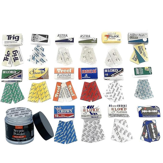 G.B.S Styptic Powder Razor Burn Relief Face Neck Razor Cuts and Nicks Soothes Skin and Pore After Shave, Double Edges Variety Double Edge Razor Blade Refills, Pack of 32