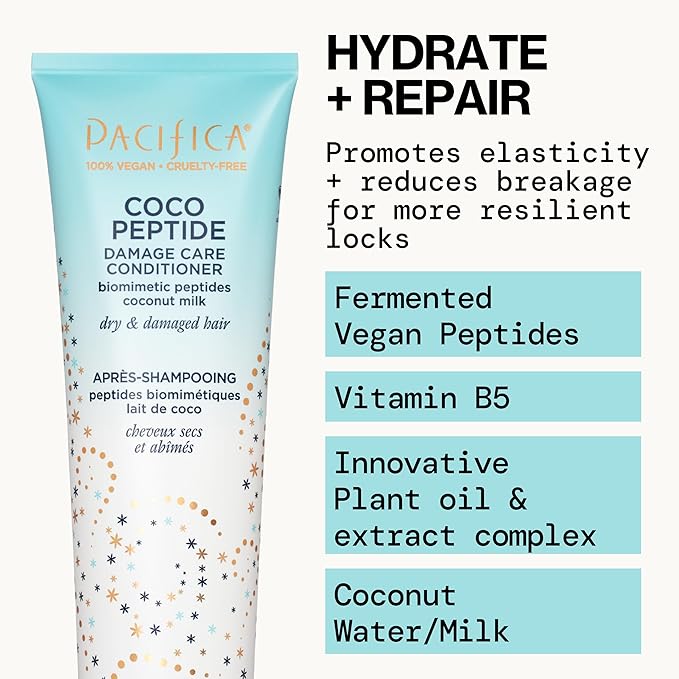 Pacifica Coco Peptide Damage Care Conditioner, Haircare, Repair Split Ends and Breakage, Hair Repair Treatment, Color Safe, For Dry and Damaged Hair, Hair Care, Vegan, 8 fl oz (1 Count)