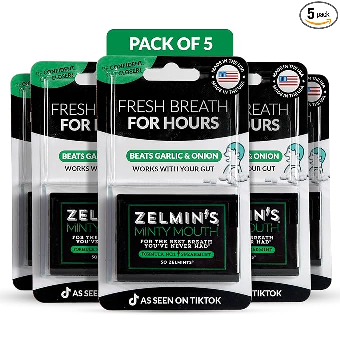 Zelmin's Minty Mouth Breath Freshener - (5 Pack) Long Lasting Bad Breath Treatment for Adults, Instant Freshness Helps with Dry Mouth, Natural Breath Mints for Travel, Alcohol-Free, Keto, Gluten-Free