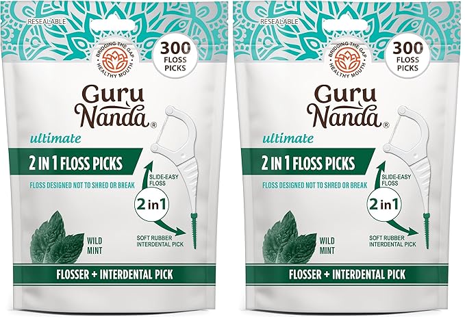 GuruNanda 2 in 1 Dental Floss Picks - Non-Slip Grip Handle, Slide Easy, No Break or Shred Flosser - Complete Oral Care with Interdental Pick for Healthy Teeth & Gums - Mint Flavor, 300 Count (2 Pack)
