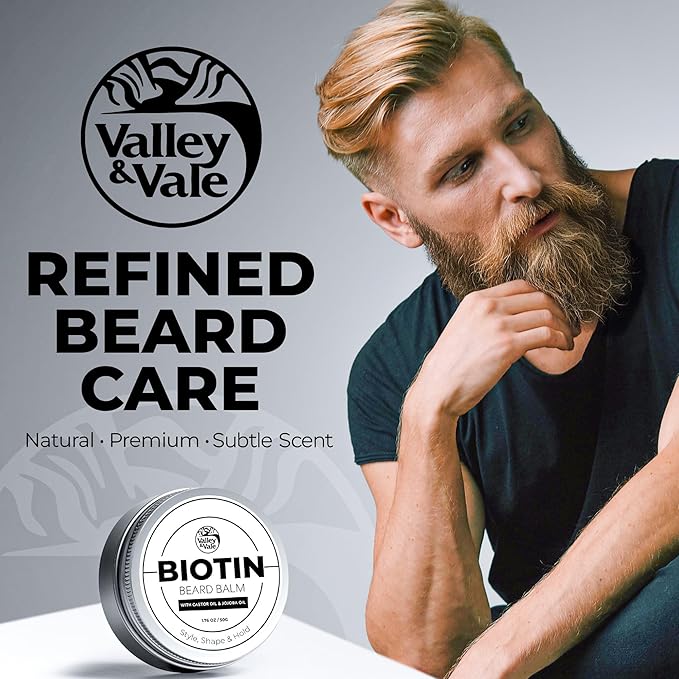 Biotin Beard Balm for Men – Made in USA – Beard Growth & Moisturizer with Castor Oil & Jojoba Oil – Organic Styling Wax for Thickening & Softening – Mustache Conditioner
