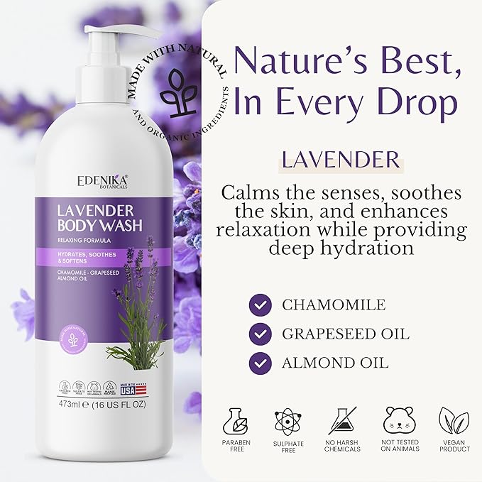 Edenika Lavender Body Wash with Vitamin E, Cleanses, Relaxes & Moisturizes, Stress Relief Shower Gel for Dry and Sensitive Skin, Women & Men, Organic & Natural, 16 fl oz