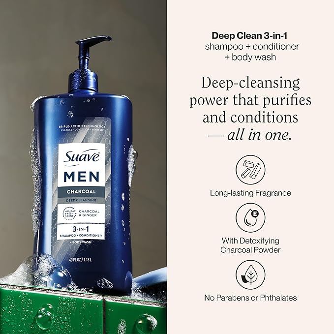 Suave Men Deep Cleansing 3 in 1 Shampoo, Conditioner & Body Wash with Charcoal Powder, Detoxifies & Cleanses Hair & Skin, Removes Oil & Impurities, 4 Count, 40 FL OZ Pump