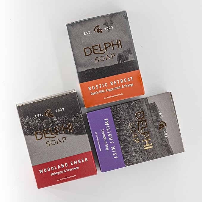 DELPHI Soap Men's Natural 5 oz Moisturizing Bar Soap Made from Natural Oils - Campfire Collection - Exfoliating - Woodland Ember, Rustic Retreat and Twilight Mist 3 Bundle