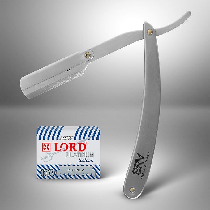 BRV MEN Professional Straight Edge Barber Razor w/ 100 Single Edge Razor Blades | Straight Razors for Men | Barbershop Accessories | Mens Shaving Knife & Shavette - Silver