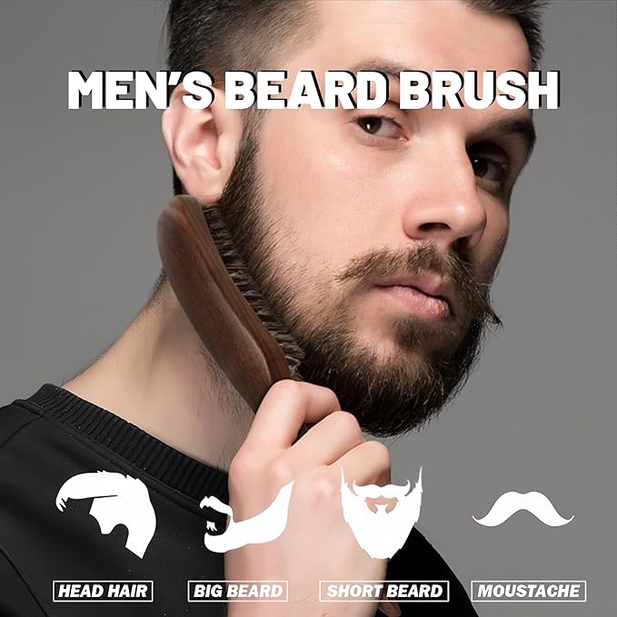 Men's Stiff Boar Bristle Beard and Hair Brush, Walnut Handle with Mini Metal Keychain Comb, Portable Grooming Duo for Travel Home Use