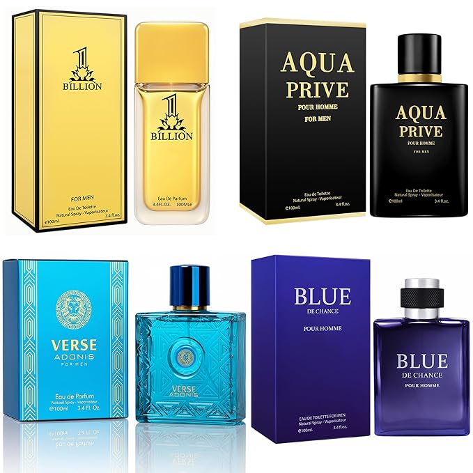 META-BOSEM Mens Cologne Set, EDP, 4 Pack (3.4 oz / 100 mL), AQUA, VerBlue, BLUE DE CHANCE, 1 BILLION FOR MEN, Azura Night & Fresh, for commute, summer days and travel