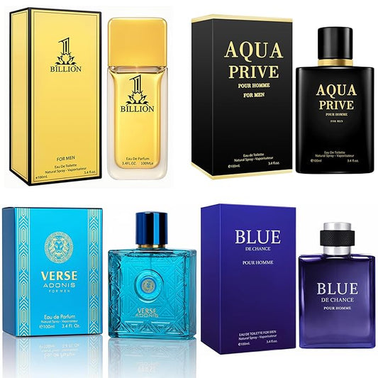 META-BOSEM Mens Cologne Set, EDP, 4 Pack (3.4 oz / 100 mL), AQUA, VerBlue, BLUE DE CHANCE, 1 BILLION FOR MEN, Azura Night & Fresh, for commute, summer days and travel