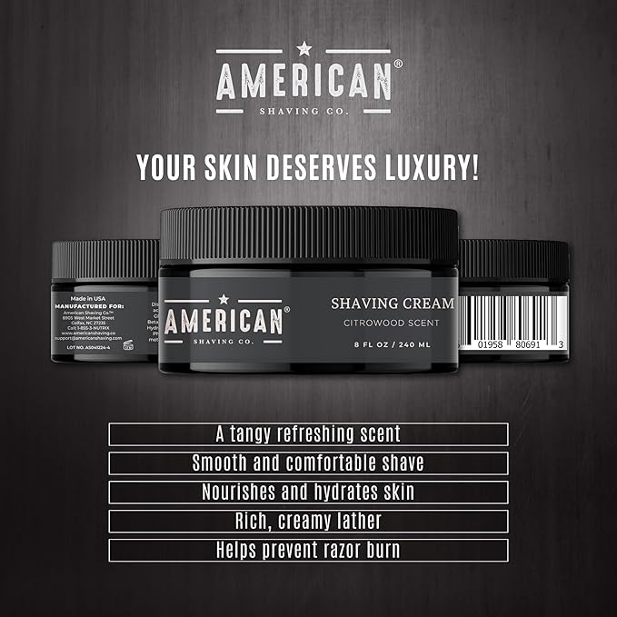 American Shaving Co. Citrowood Shaving Cream For Men 8 oz, Made in USA, Easy Application, Quality Potent Ingredients, Non-GMO, GMP Certified, Cruelty-Free Products