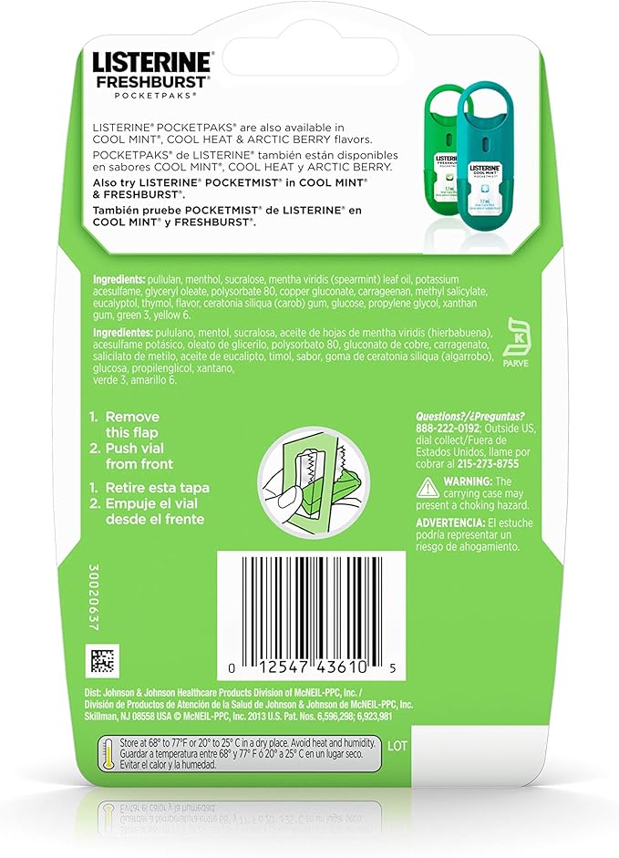 Listerine Freshburst Pocketpaks Fresh Breath Strips, Mint Breath Refresher Strips Portable Pack, Freshburst Spearmint Flavor, 24-Strips (Pack of 9)