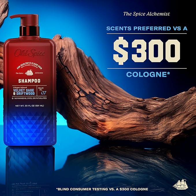Old Spice Men's Shampoo, The Spice Alchemist Collection, 24/7 Cologne-Infused Velvet Sage & Driftwood Scent, Free of Parabens & Phthalates, 21.9 fl oz