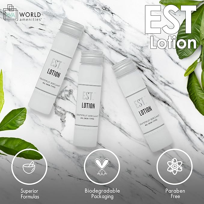 World Amenities EST. Soothing Hand & Body Lotion with Grapefruit-Bergamot fragrance, Biodegradable/Recyclable Bottle with Screw Top, 1.41oz / 40ml, Pack of 48