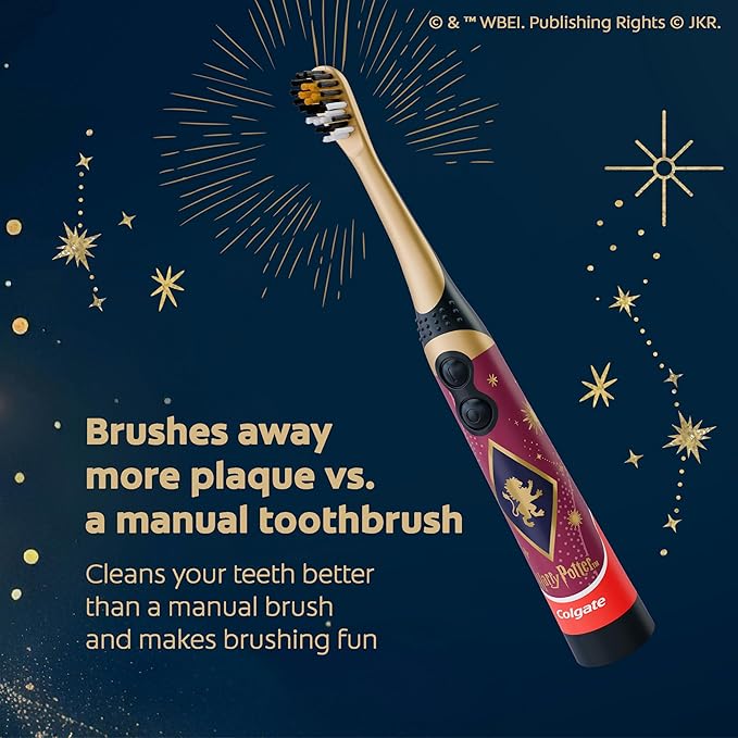 Colgate Harry Potter Kids Battery Toothbrush Multipack, Extra Soft Kids Vibrating Toothbrush, AA Batteries Included, 4 Pack, for Witches and Wizards Ages 3 and Older, Lay Flat Design