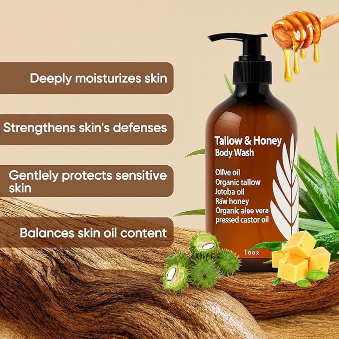 Tallow and Honey Body Wash, Grass-Finished Tallow & Honey Organic Body Wash -10oz, with Grass-Fed Tallow, Olive Oil, Aloe Vera, Shea Butter and Jojoba Oil, Clean & Hydrate Skin (1)