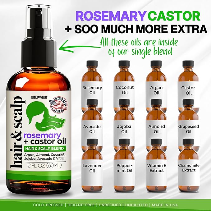 Organic Rosemary Oil For Hair Growth + Applicator with Castor, Argan, Coconut, Almond, Jojoba, Avocado, Vitamin E & Peppermint for Hair & Scalp Treatment, All Hair Types, Men & Women 2oz