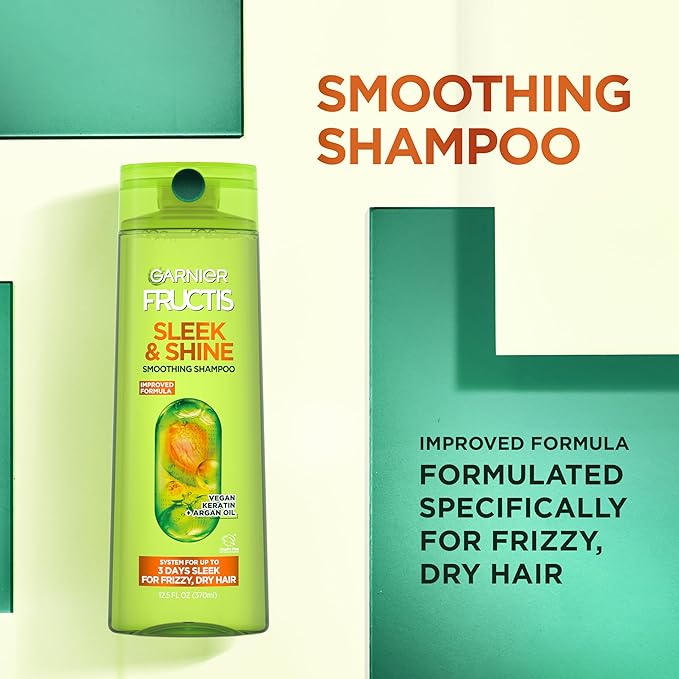 Garnier Fructis Sleek & Shine Shampoo, Smoothing Shampoo for Frizzy, Dry Hair with Argan Oil and Vegan Keratin, 33.8 Fl Oz (Packaging May Vary)
