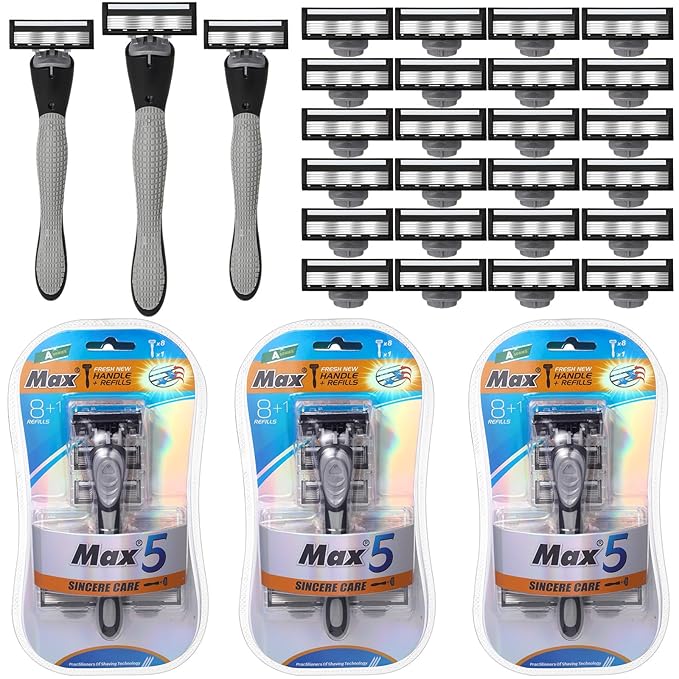27 Pcs Refillable Men's Razors Kit Holiday Shaving Kit 5 Blade Disposable Sensitive Skin Razor refills for a Comfortable Shave, 3 Handles and 24 Cartridges