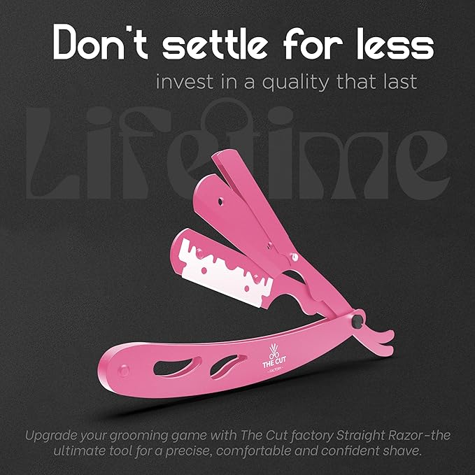 The Cut- Factory- Straight Razor with 20 Pack Platinum Treat Single Blade Razors for Men- Professional Barber Straight Edge Razor for Close Shaving 100 Percent Stainless Steel, Pink