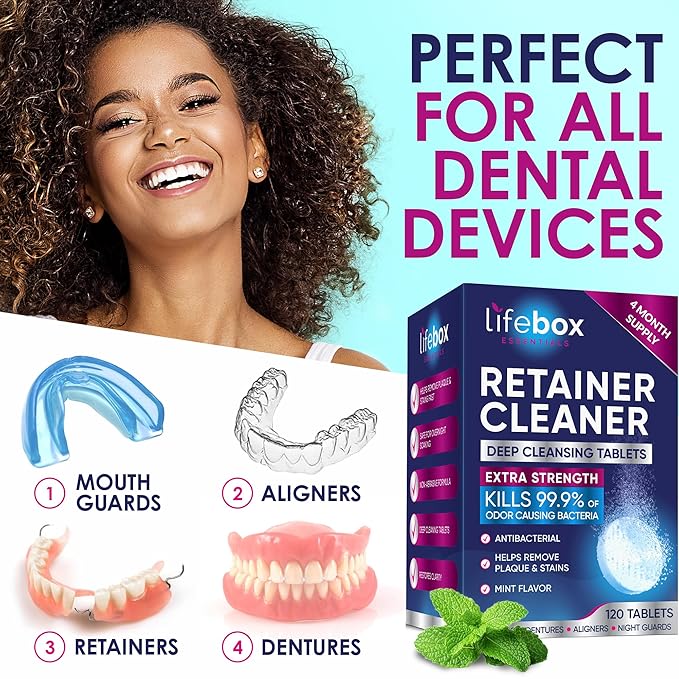 Retainer Cleaner Tablets - 120 Denture Cleaning Tablets & Aligner Cleaner - Removes Odors & Stains – For Aligners, Retainers, Dentures, Night Guards - Mint Flavor
