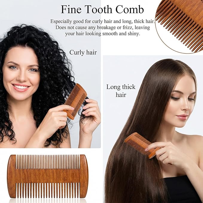 2Pcs Wood Beard Comb, Handmade Natural Sandalwood Comb, Anti-Static Fine & Wide Tooth Pocket Combs for Beard, Mustache, Hair Styling and Detangling