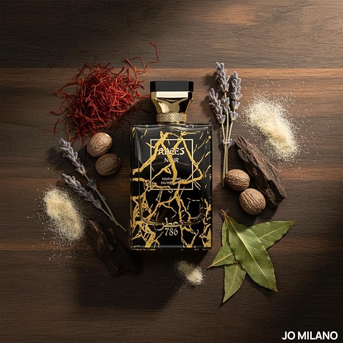 Jo Milano Raees Noir Eau De Parfum Spray | 3.4 oz (100ml) | Warm Spicy, Patchouli, Saffron, Oud Scent | Long Lasting Fragrance for Men