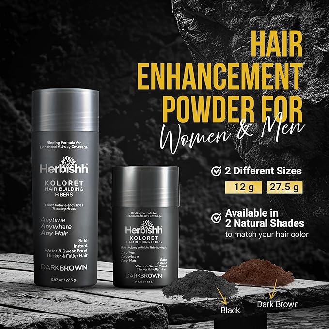 Herbishh Koloret Hair Building Fibers – Dark Brown Powder for Men & Women, Instant Bald Spot Cover-Up & Scalp Concealer – Sweat-Proof & Water-Resistant Fibers for Thinning Hair, 12g