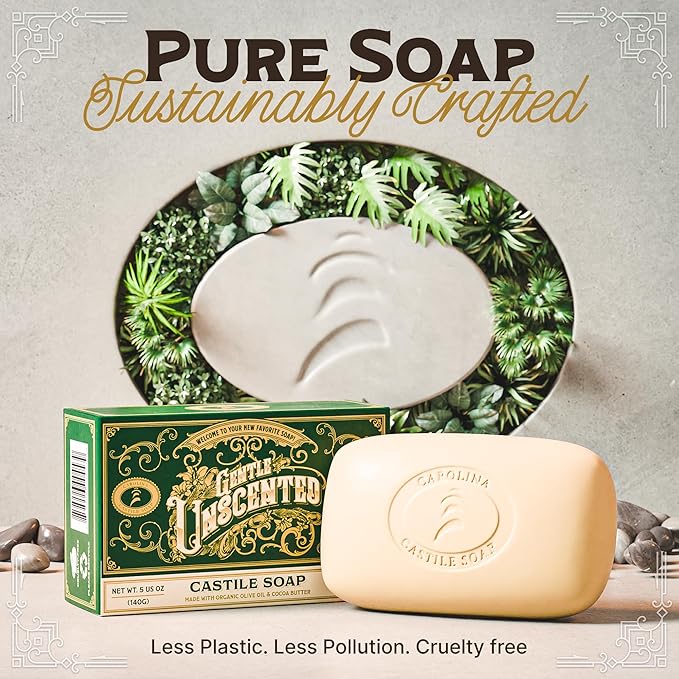 Carolina Castile Soap Vegan Unscented Castile Bar Soap – 3 Bars of Natural Soap for Men, Women, and Kids – Gentle, Hydrating Castile Soap Bars with Organic Cocoa Butter and Olive Oil, 5 Oz. Each