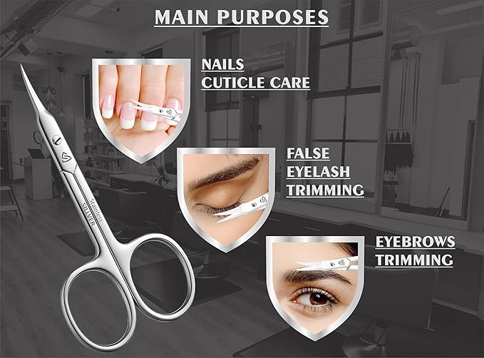 Cuticle Scissors Curved Blade - Extra Fine Pointed Tip Professional Manicure Grooming Scissors for Cuticles, Beard, Nose Hair, Eyelash, Mustache - Eyebrow Scissors