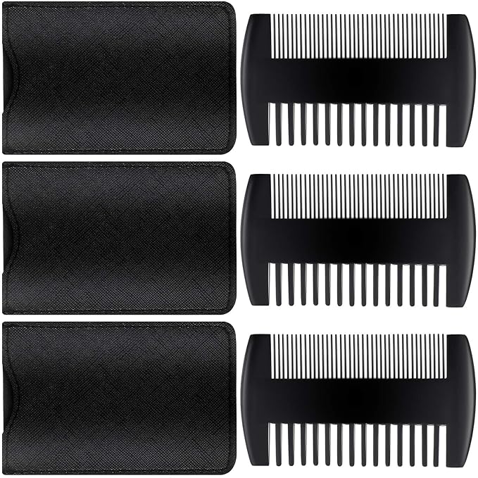 Sandalwood Beard Comb Set with Faux Leather Case - Dual Action Teeth for Mustaches and Beards (Black, 3 Combs + 3 Cases)