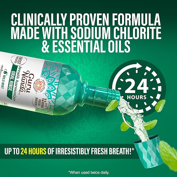 GuruNanda Fresh Breath Mouthwash, ADA-Accepted, Alcohol & Fluoride-Free, Sodium Chlorite, Essential Oils & Vitamins, 12-Hrs Fresh Breath, Wild Mint, 16 oz (Pack of 3)