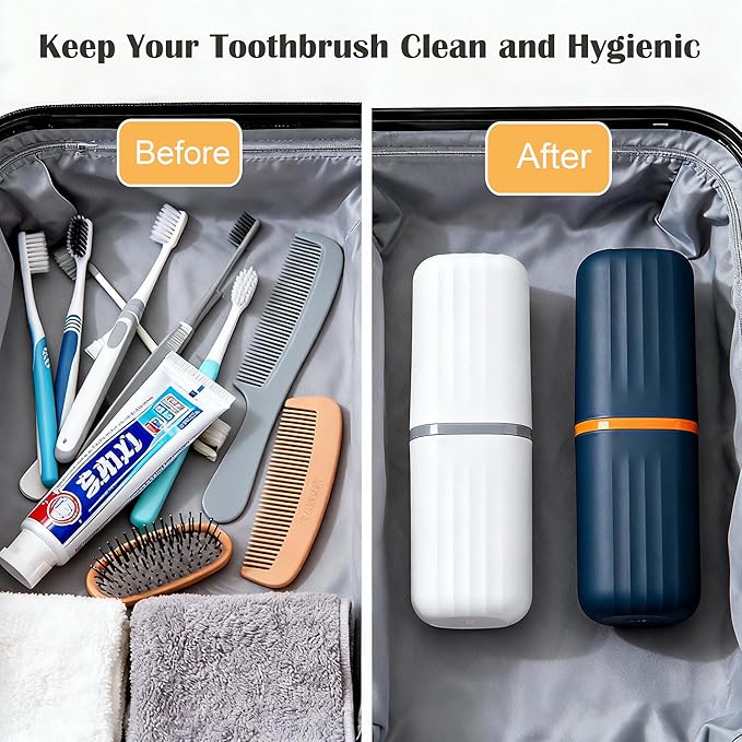 Toothbrush Travel Case, 2-in-1 Dustproof Travel Toothbrush Holder with Mouthwash Cup, Travel Essential Toothpaste and Toothbrush Container for Traveling Camping Business Trip School Bathroom