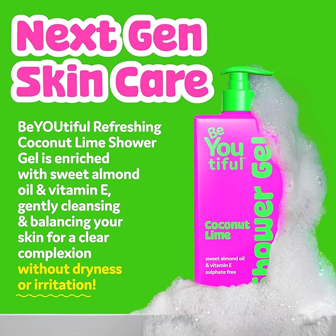 BeYoutiful Coconut Lime Body Wash Soap for Teens and Kids, Easter Gifts for Kids, Moisturizing for Sensitive Skin, Hydrating Shower Gel, Girl Skin Care, 32oz, Easter Stuffers