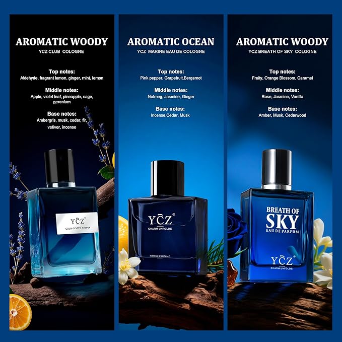 Ycz 3-Piece Cologne for Men Set - 50ml Each, Ocean/Sky/Club Perfume for Men, Eau de Cologne with Woody Fresh Citrus Notes, Ideal Special Occasions, Elegant Gift Box, Long-Lasting Sillage Unique Gift
