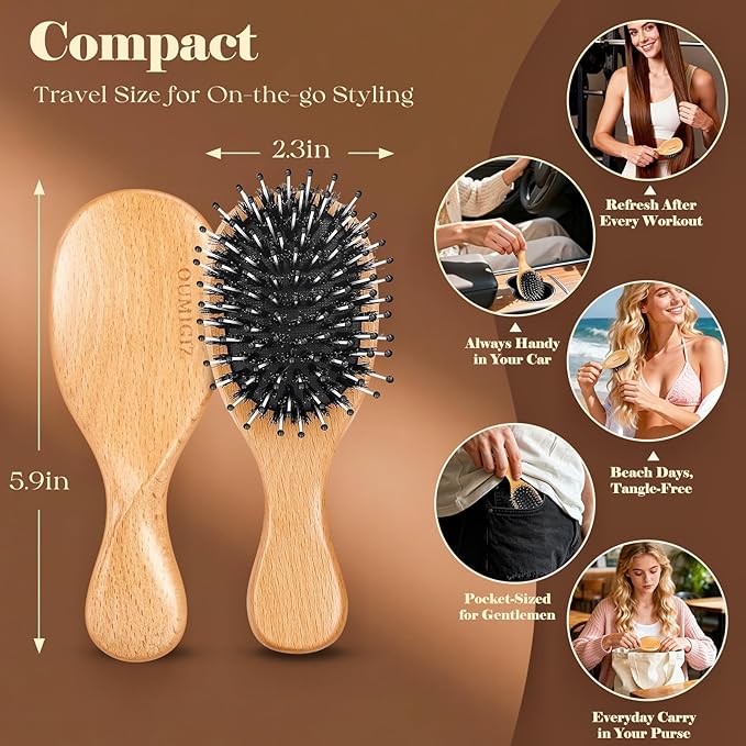 Mini Boar Bristle Hair Brush Since 1965 British Craftsmanship, Handmade Natural Wooden Small Hairbrush, Soft Bristles Gentle Detangling Smoothing Women Men Kids Long Curly Thick,Thin, Fine Hair