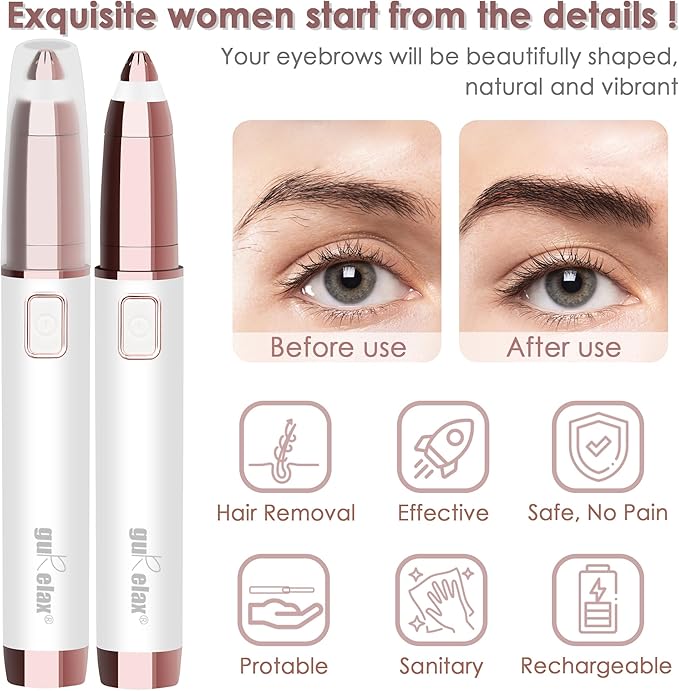 gurelax Eyebrow Trimmer for Women,Electric Eyebrow Hair Remover, Painless Brow Razor Shaper with LED Light, USB Rechargeable, Eye Brow and Face Epilator for Ladies(White)