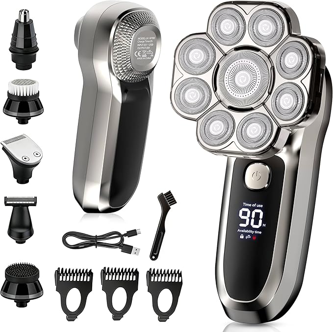 6-in-1 Electric Head & Body Hair Shaver - Mens Cordless Rechargeable Wet/Dry Skull Bald Head Back & Groin Waterproof Razor with Rotary Blades, Clippers, Nose Trimmer, Brush, Massager