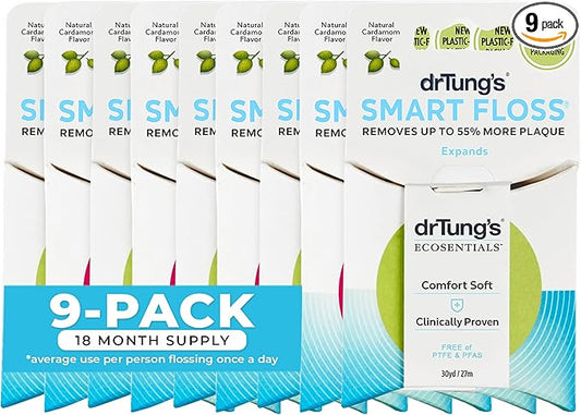 DrTung's Smart Floss - Natural Floss, PTFE & PFAS Free Floss, Gentle on Gums, Expands & Stretches, BPA Free - Natural Dental Floss Cardamom Flavor (Pack of 9)