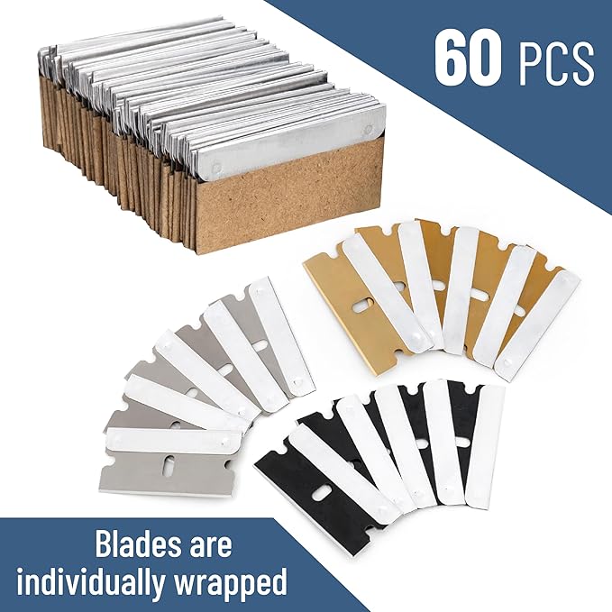 Bates- Single Edge Razor Blades, 60 Pack, Carbon Steel, Straight Edge Razor Blade Scraper, Silver/Black/Gold