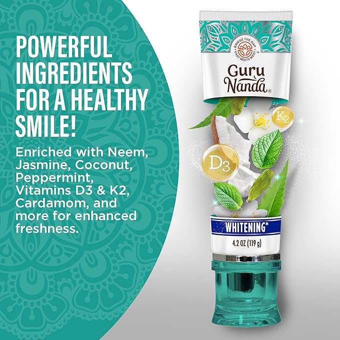 GuruNanda Hydroxyapatite Toothpaste, SLS & Fluoride Free, Whitening Toothpaste with Tongue Scraper & Squeezer - Freshens Breath, Fights Plaque - Natural CocoMint Jasmine Neem, 4.2oz