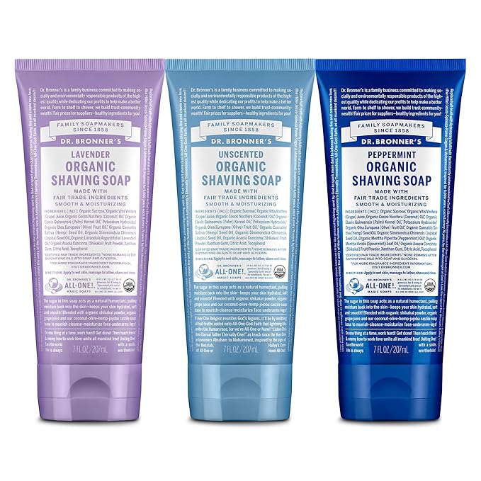 Dr. Bronner's - Organic Shaving Soap (7 oz, 3-Pack, Variety Pack) Lavender, Baby Unscented, & Peppermint - Certified Organic, Sugar & Shikakai Powder, Moisturizes, Use on Face, Underarms, & Legs