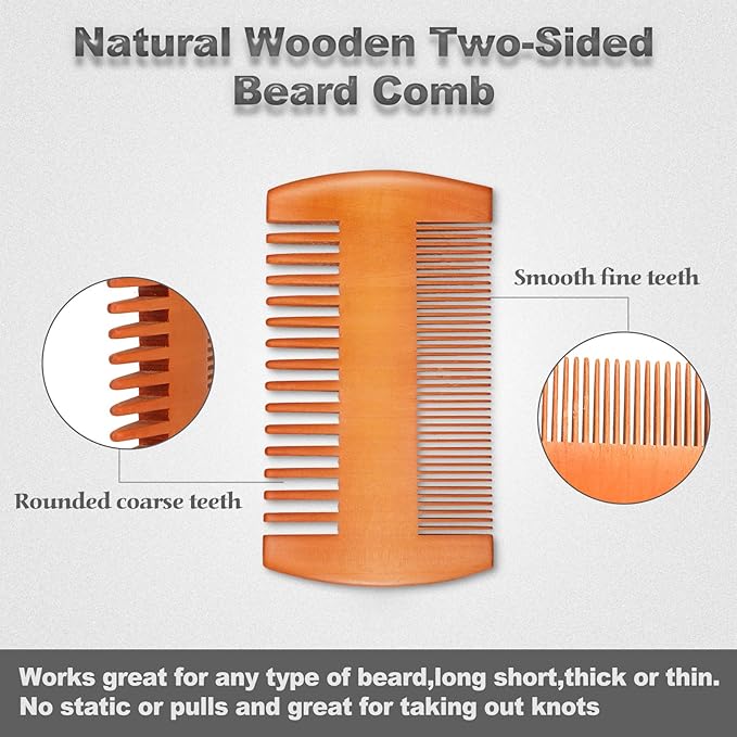 Natural Sandalwood Wooden Dual Action Beard and Mustache Comb Set with Leather Cases for Beards and Mustaches (Black, Yellow, Brown)