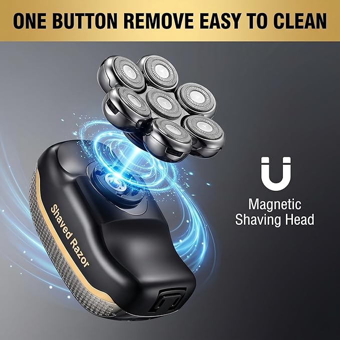 Upgraded 7D Electric Head Shaver for Men: Waterproof Wet & Dry Razor with Detachable Heads, LED Display, Rechargeable Grooming Kit with Type-C Fast Charging