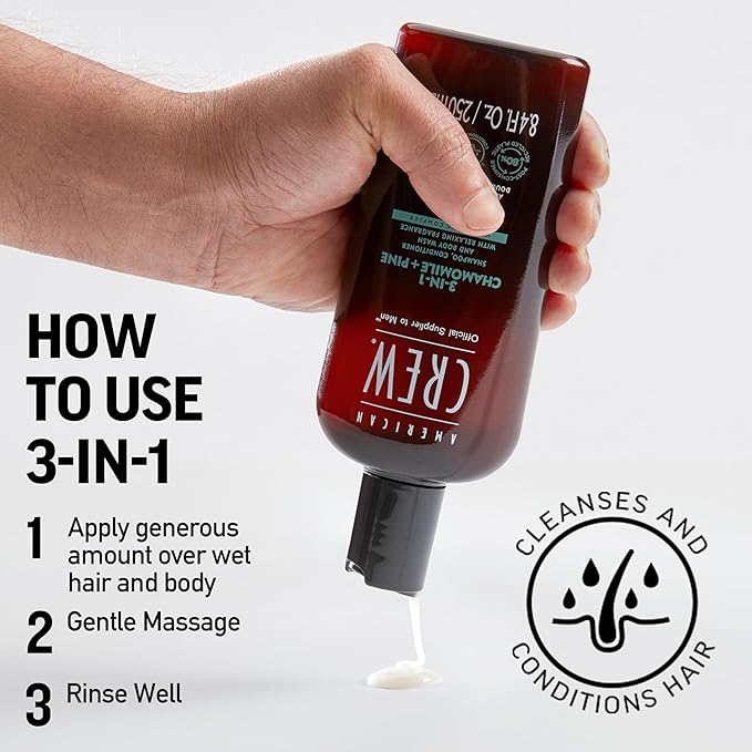 AMERICAN CREW 3-in-1 Chamomile & Pine, Shampoo, Conditioner & Body Wash for Men, All-in-One Care with Calming and Relaxing Fragrance, 33.8 fl oz