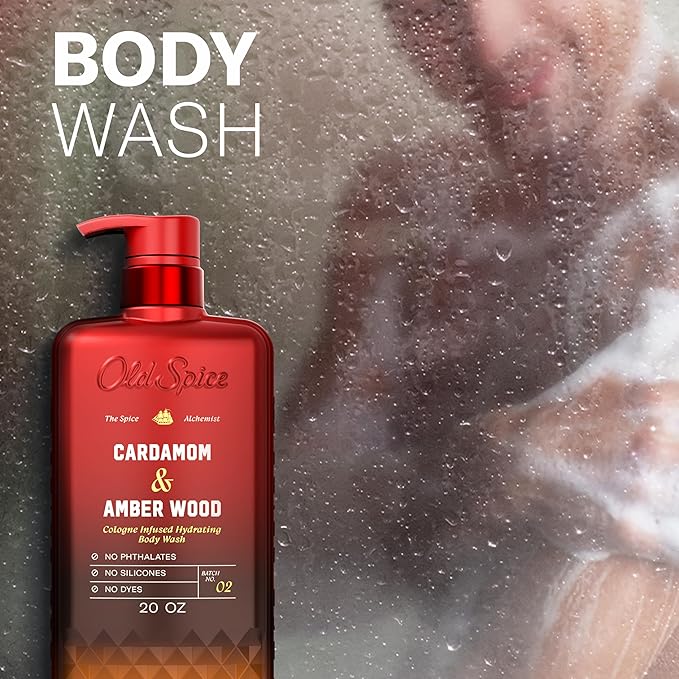 Old Spice Body Wash for Men, The Spice Alchemist Collection, 24/7 Cologne Infused Hydration, No Trade Off Formula, Free of Phthalates Silicones & Dyes, Cardamom + Amber Wood Scent, 20 oz