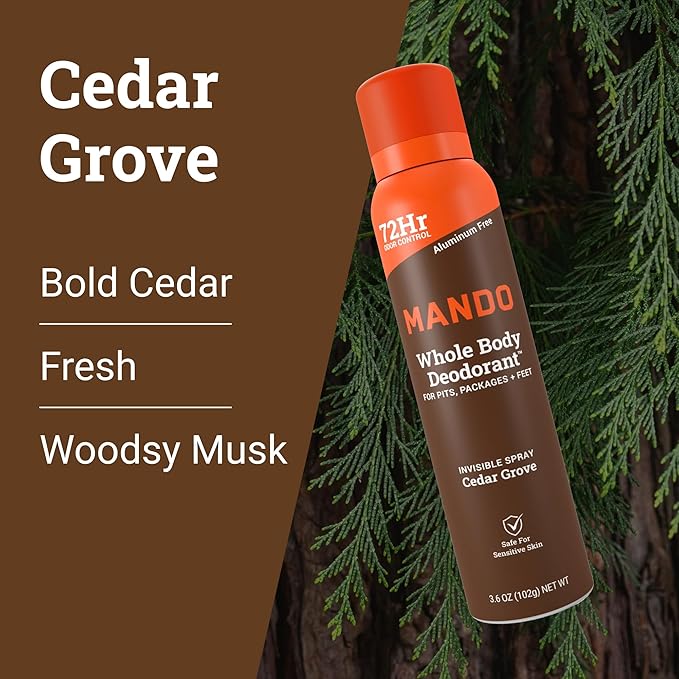 Mando Whole Body Deodorant Spray For Men - Invisible Spray Deodorant - 72 Hr Odor Control - Low Irritation Formula - Aluminum Free & Benzene Free - 3.6 ounces - Pack of 2 - Cedar Grove